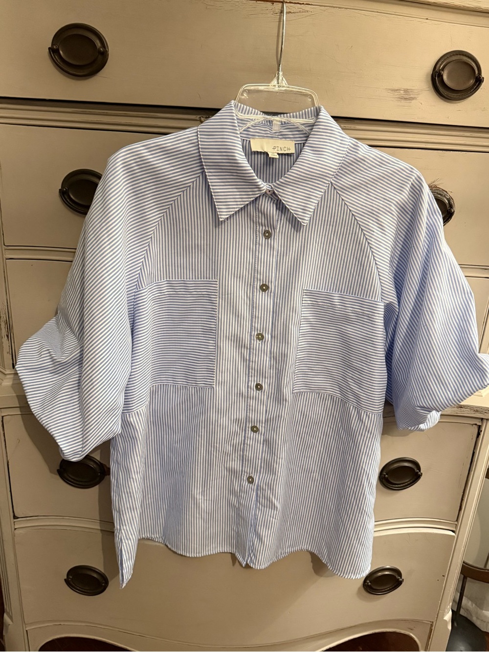 Pinch Striped Puff Sleeve Button Down Blouse M